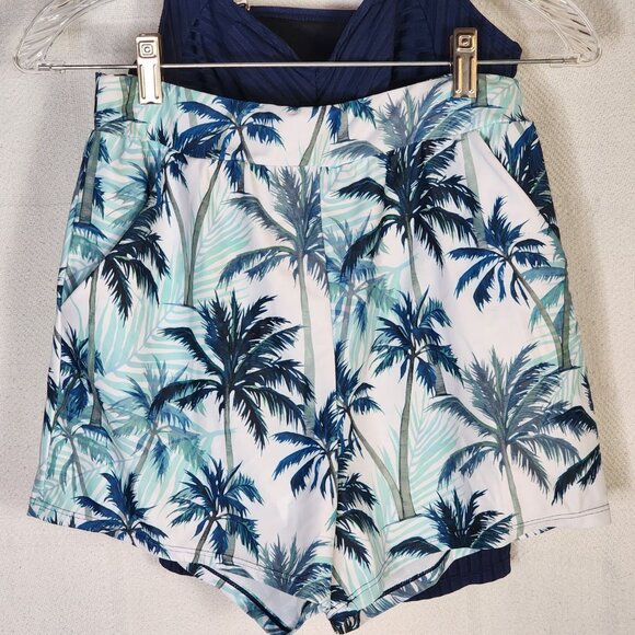 Rotita Navy Peacock Tropical Trees Print Surplice Poly Elastane Tankini Set Sz S - Picture 6 of 16
